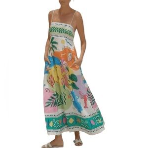 Women Spaghetti Strap Graffiti Maxi Dress Cute Print Maxi Cami Dress Boho Beach